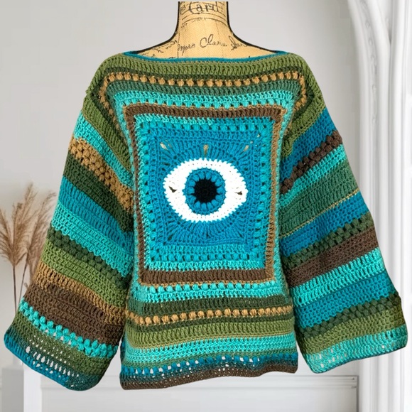 Handmade Crochet Evil Eye Sweater New handcrafted Bohemian Wide Sleeved - Picture 5 of 12